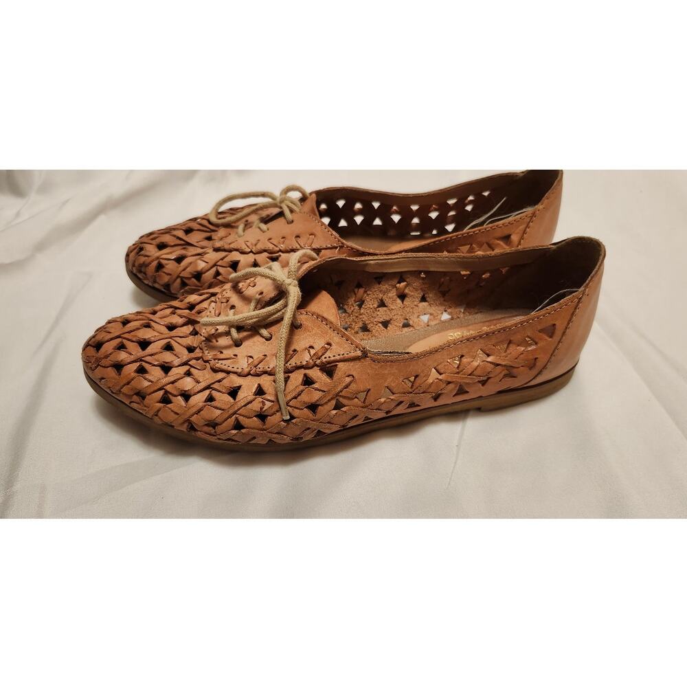 Vintage 80s Huarache Woven Leather Shoes Women's 6.5 Tan Lace Up Made in Brazil